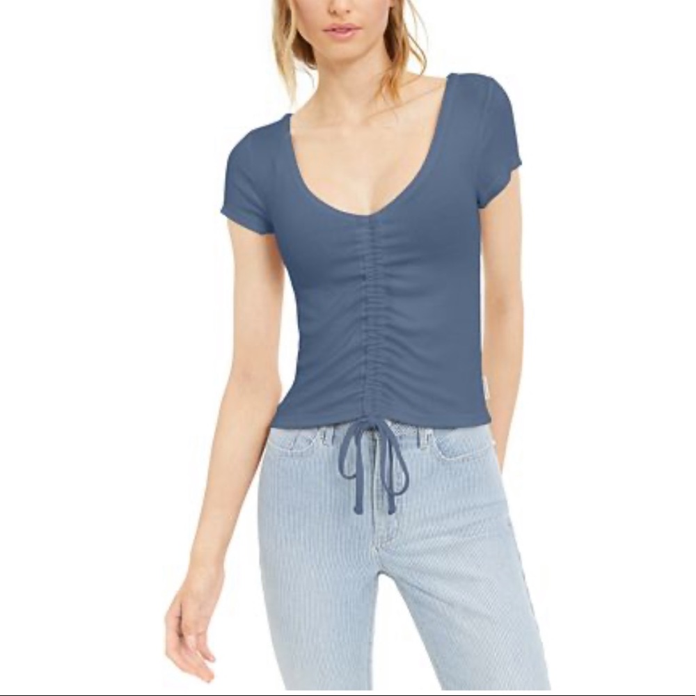 CK Dusty Blue Ruched Scoop Neck Short Sleeve Top